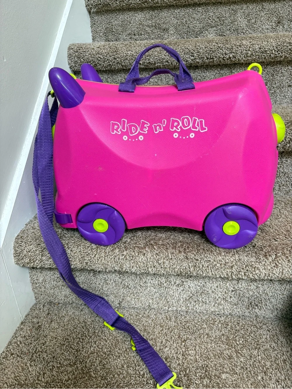 Ride'n Roll Pink Kids Ride-On Suitcase with- Purple Straps Accents